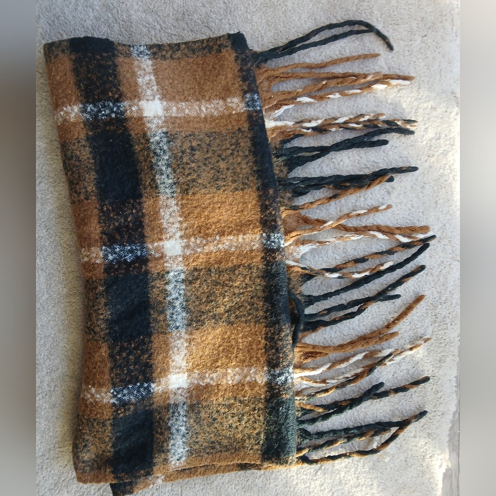 Denver Hayes Cozy Fringe Scarf in Brown, Black, White Plaid - Picture 3 of 7